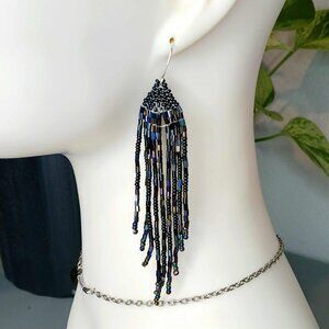 Black Beaded Fringe Cascade Shoulder Duster Dangle Earrings, Boho Chic 4"